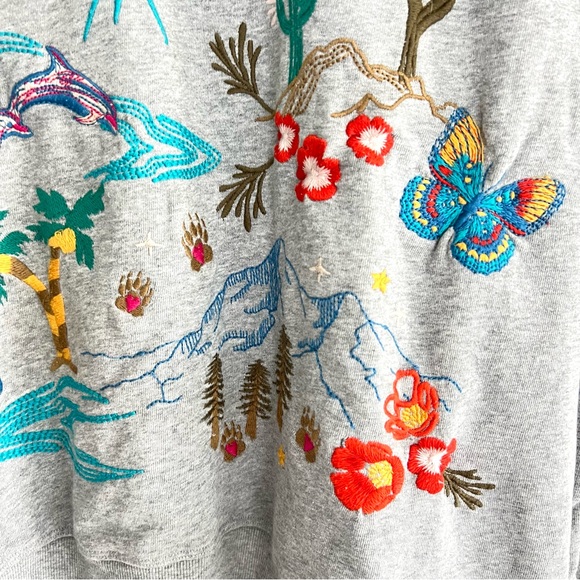 JOHNNY WAS California Raglan Gray Multicolor Embroidery Cotton Sweatshirt Sz XL - Picture 8 of 16